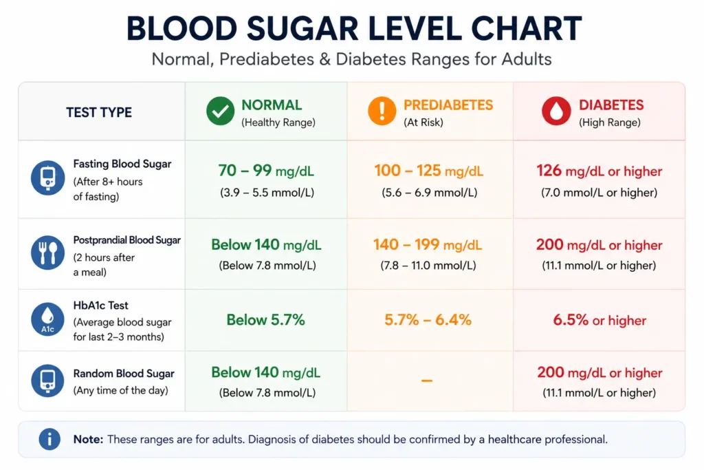 Blood sugar level chart for normal, prediabetes and type 2 diabetes ranges