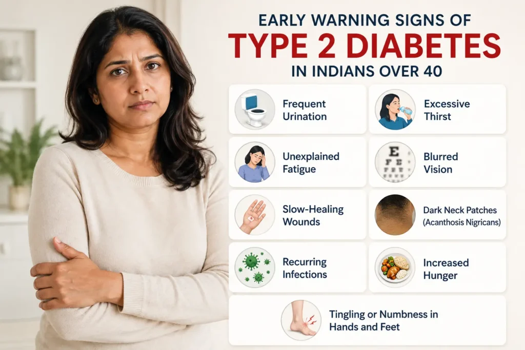 Common early warning signs of type 2 diabetes including thirst, fatigue and blurred vision