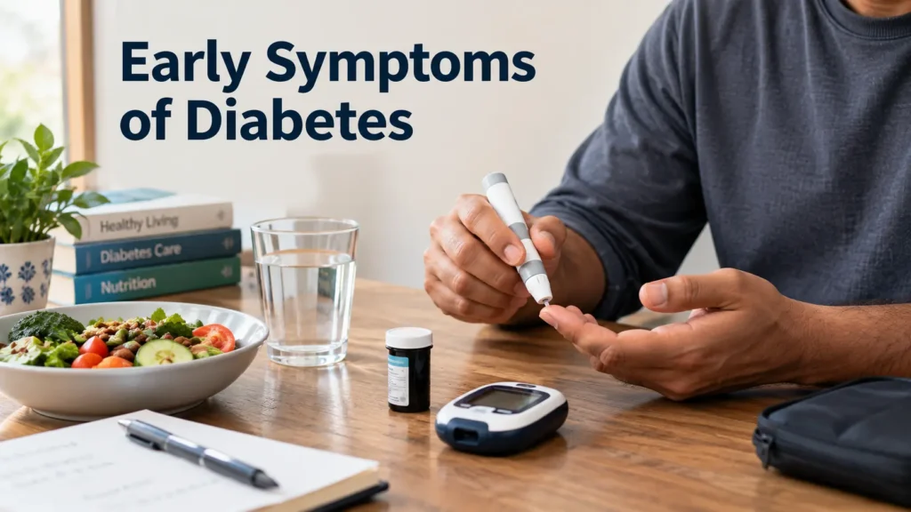 Early symptoms of diabetes in an adult checking blood sugar