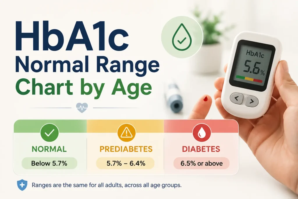 HbA1c normal range chart by age showing normal, prediabetes, and diabetes levels