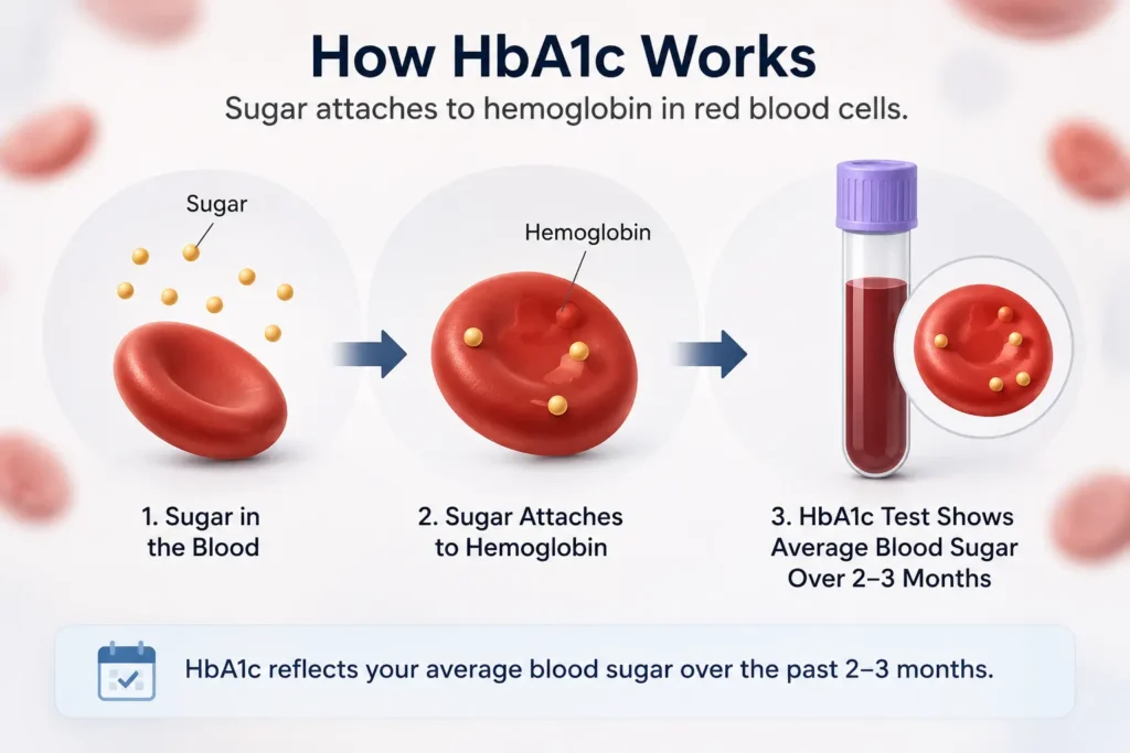 HbA1c normal range chart diagram showing how sugar attaches to hemoglobin in the HbA1c test