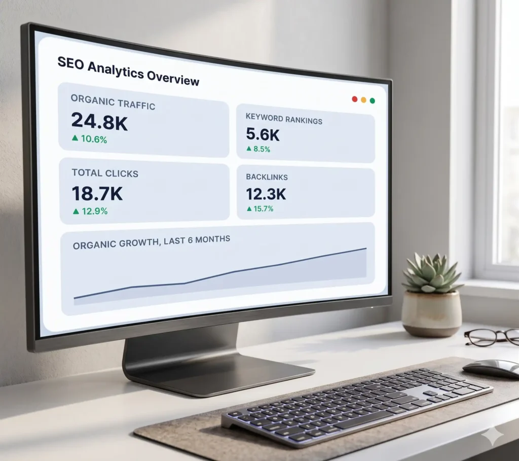 Healthcare SEO analytics dashboard showing organic traffic, keyword rankings and backlink growth