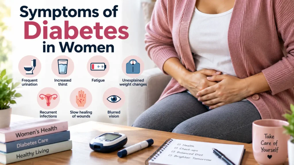 Symptoms of diabetes in women including frequent urination, thirst, fatigue and recurrent infections