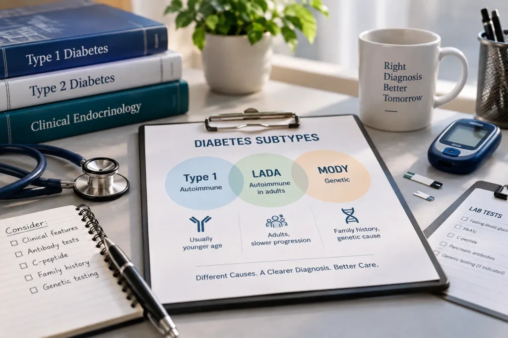 Type 1 vs Type 2 diabetes with LADA and MODY comparison