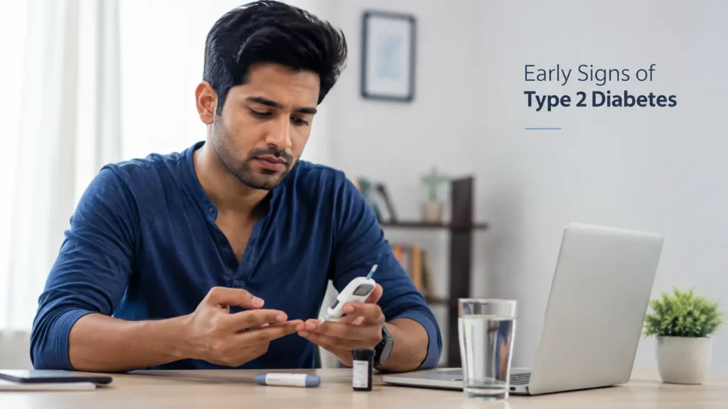 Young Indian adult checking blood sugar showing early signs of type 2 diabetes in young Indians
