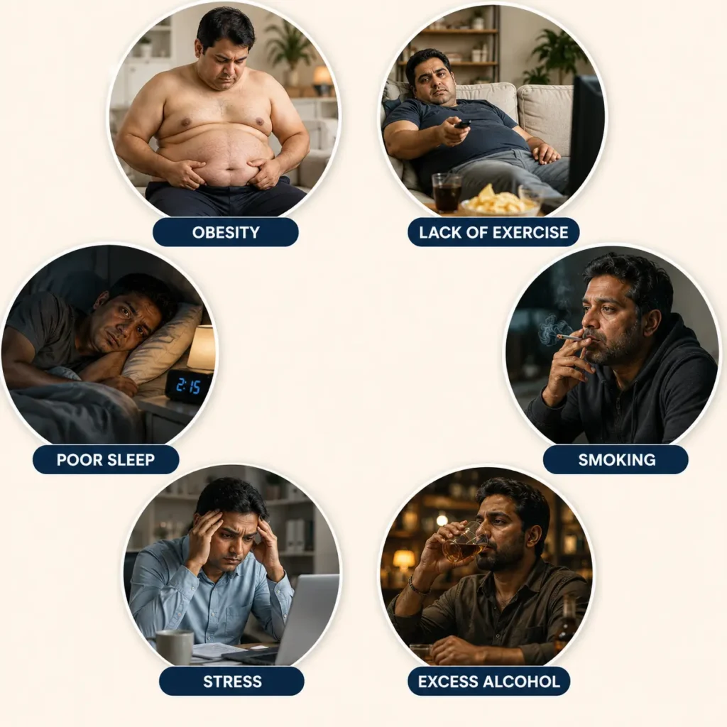 Lifestyle risk factors linked to type 2 diabetes including obesity, smoking, stress and poor sleep