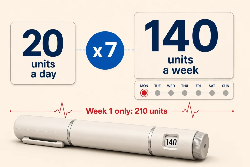 Awiqli dosage conversion showing 20 units of daily basal insulin multiplied by seven to give 140 units a week