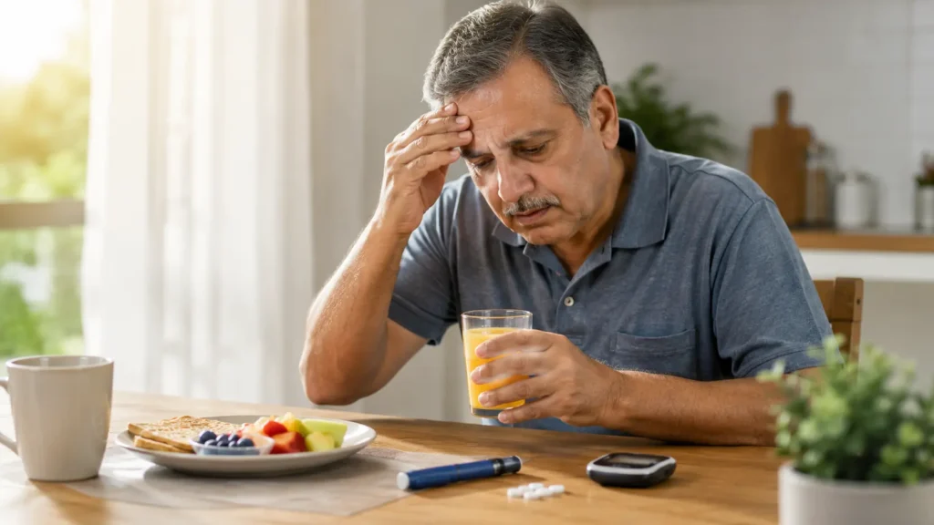 Low blood sugar, a common Awiqli insulin side effect, shown by a man with a headache holding juice