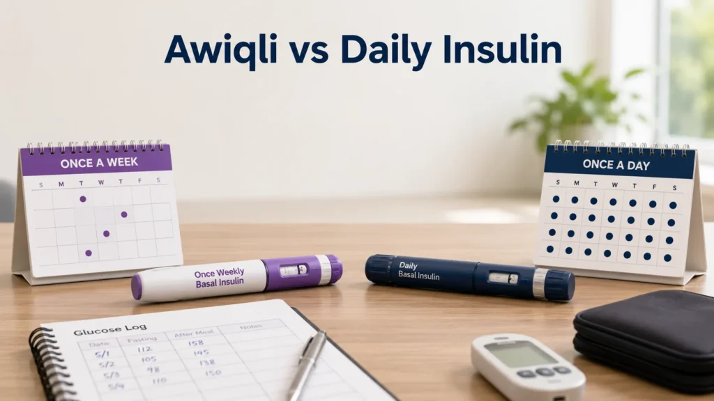 Awiqli vs daily insulin comparison showing a once a week and a once a day injection schedule