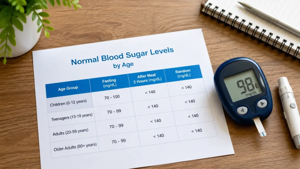 Blood sugar chart by age with a child, teen, adult and older adult beside a glucometer reading 98 mg/dL
