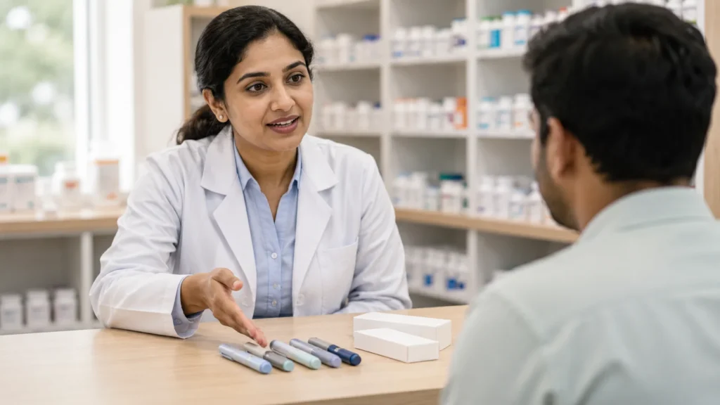 Pharmacist explaining semaglutide brands in India to a patient before starting treatment.