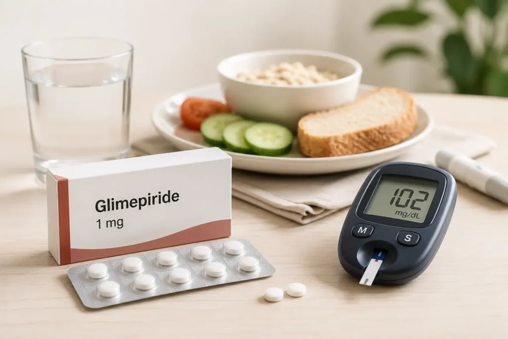 Glimepiride tablet uses with the correct dose, healthy breakfast, blood glucose meter and medicine for type 2 diabetes management