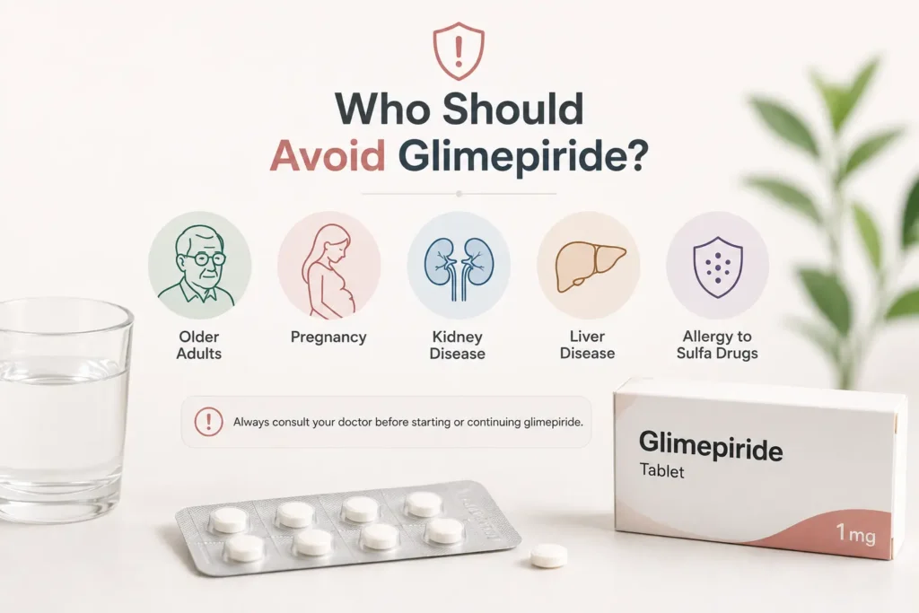 Glimepiride tablet uses infographic showing who should not take glimepiride including pregnancy, kidney disease, liver disease, older adults and sulfa allergy