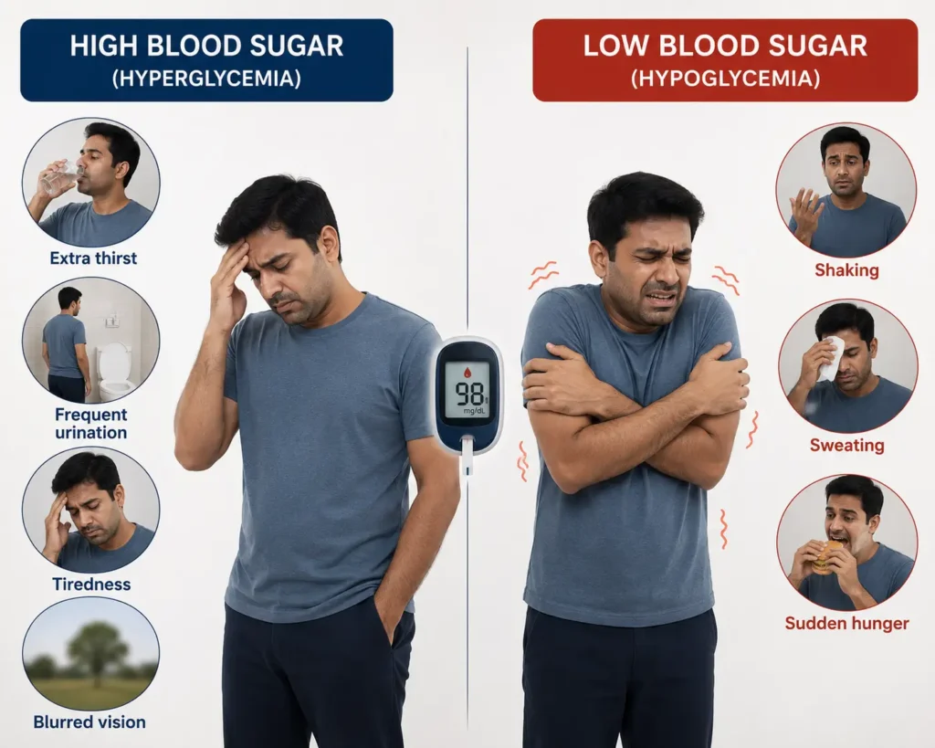 Blood sugar chart by age table showing fasting, after meal and random ranges in mg/dL with a glucometer
