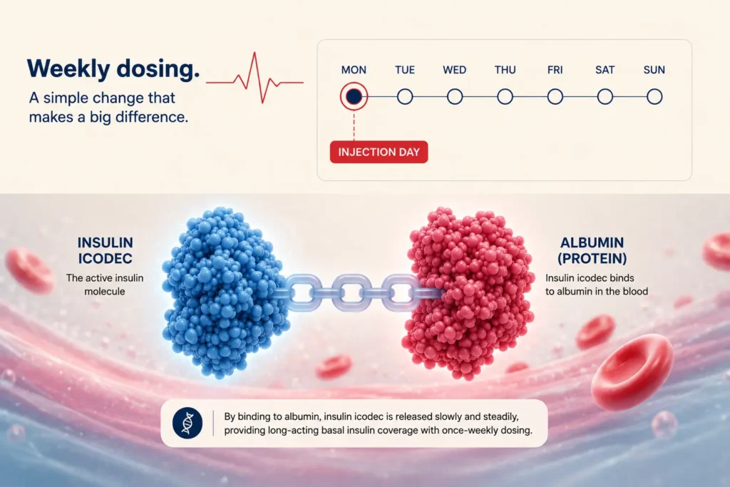 Diagram showing insulin icodec bound to albumin in the blood, releasing slowly to give a once weekly insulin dose