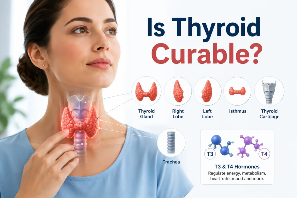 Is thyroid curable: labelled thyroid gland anatomy with lobes, isthmus, and T3 and T4 hormones