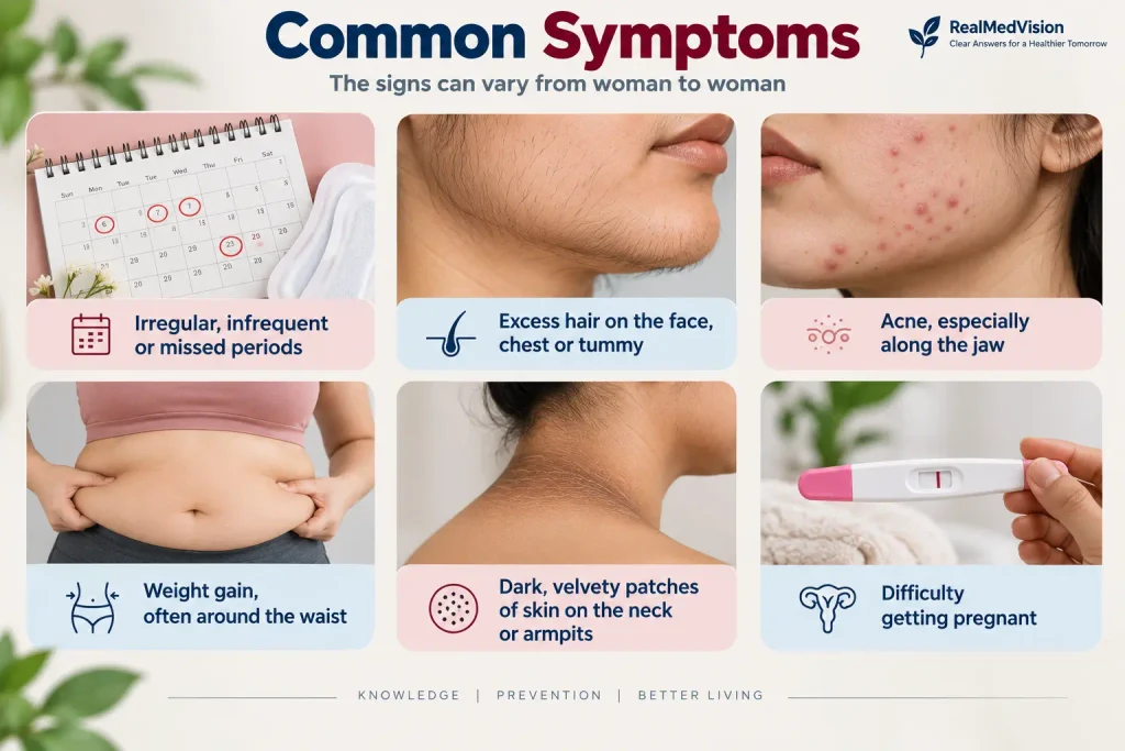 PCOD vs PCOS common symptoms including irregular periods, excess hair, acne and weight gain