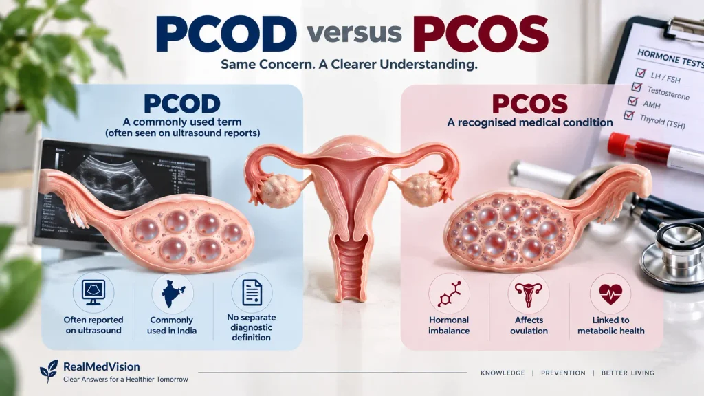 pcod vs pcos difference and diagnosis explained with medical illustration