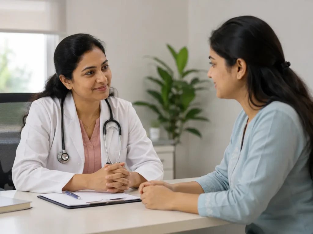 Doctor explaining the difference between PCOD vs PCOS to a young woman patient