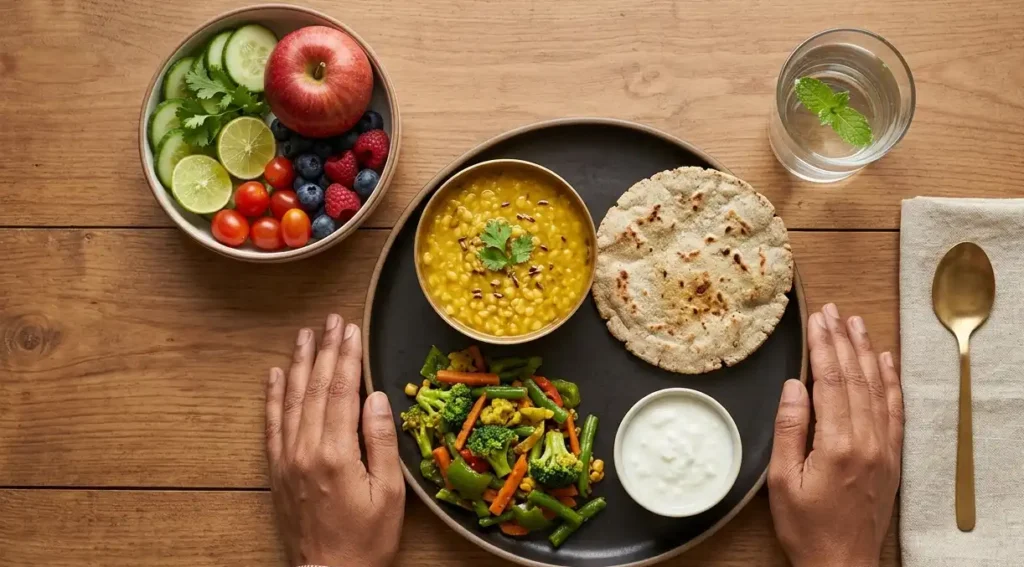 PCOS diet chart Indian foods to eat, including dal, millet roti, cooked vegetables, curd, and fresh fruit
