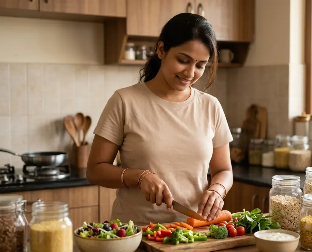 Indian woman preparing healthy PCOS diet chart foods with fresh vegetables at home
