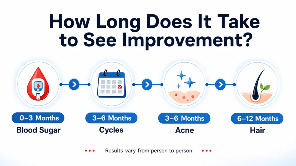 PCOS improvement timeline showing blood sugar in three months, cycles in three to six months and hair in six to twelve months