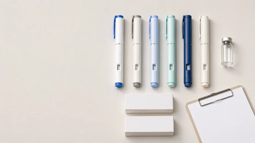Semaglutide brands in India shown as unbranded weekly injection pens and a medicine vial.