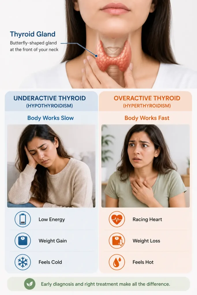 Thyroid diet chart guide comparing underactive hypothyroidism and overactive hyperthyroidism