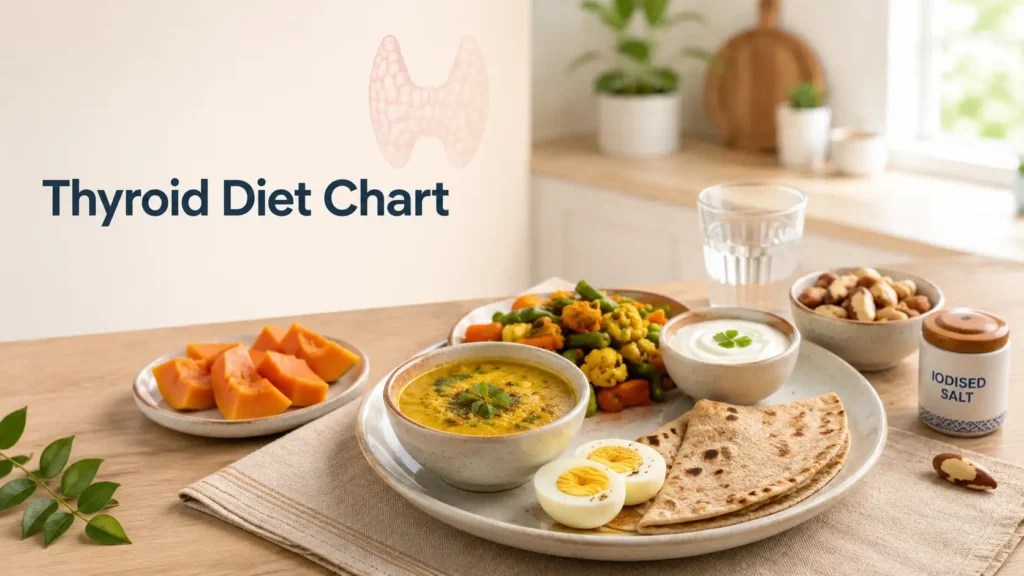 Thyroid diet chart with Indian foods to eat, including dal, cooked vegetables, curd, and eggs
