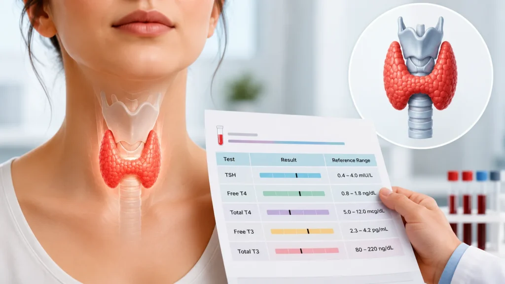 Thyroid test normal range report showing TSH, free T4, total T4, free T3 and total T3 beside the thyroid gland in the neck