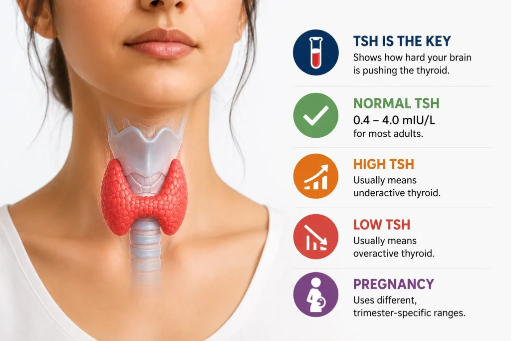 Thyroid test normal range showing normal, high and low TSH levels