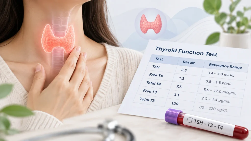 TSH normal range in female with thyroid test chart showing TSH, T3 and T4 levels