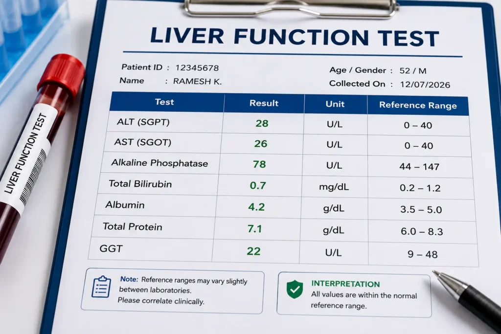 Liver function test report showing ALT and AST levels monitored during vildagliptin tablet uses to help detect possible liver injury before and during treatment.