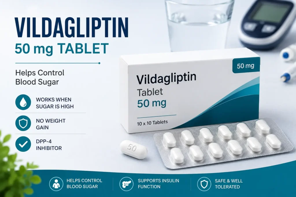 Vildagliptin tablet uses illustrated with a 50 mg tablet pack, showing DPP-4 inhibitor action, blood sugar control, and key treatment benefits for adults with type 2 diabetes.