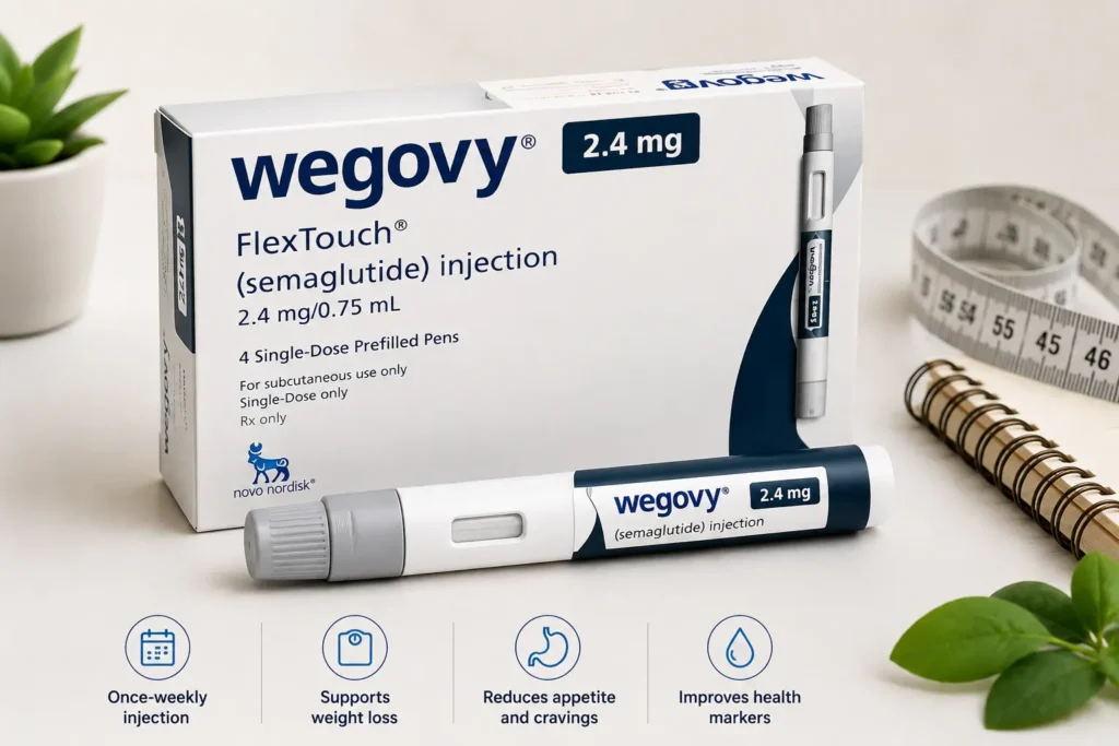 Wegovy injection price in India shown with a weekly semaglutide pen and box