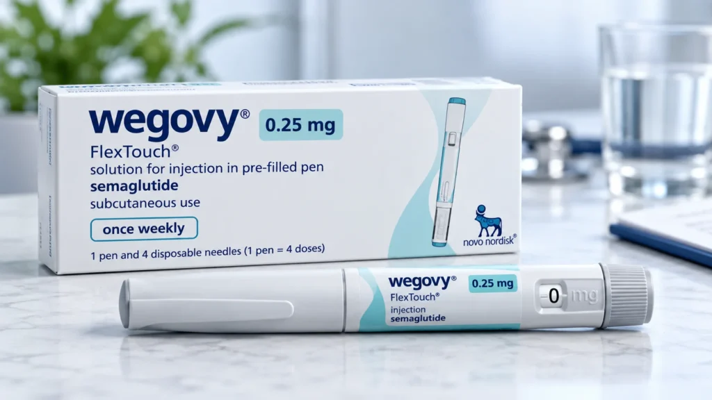 Wegovy price in India showing a FlexTouch pen and 0.25 mg pack