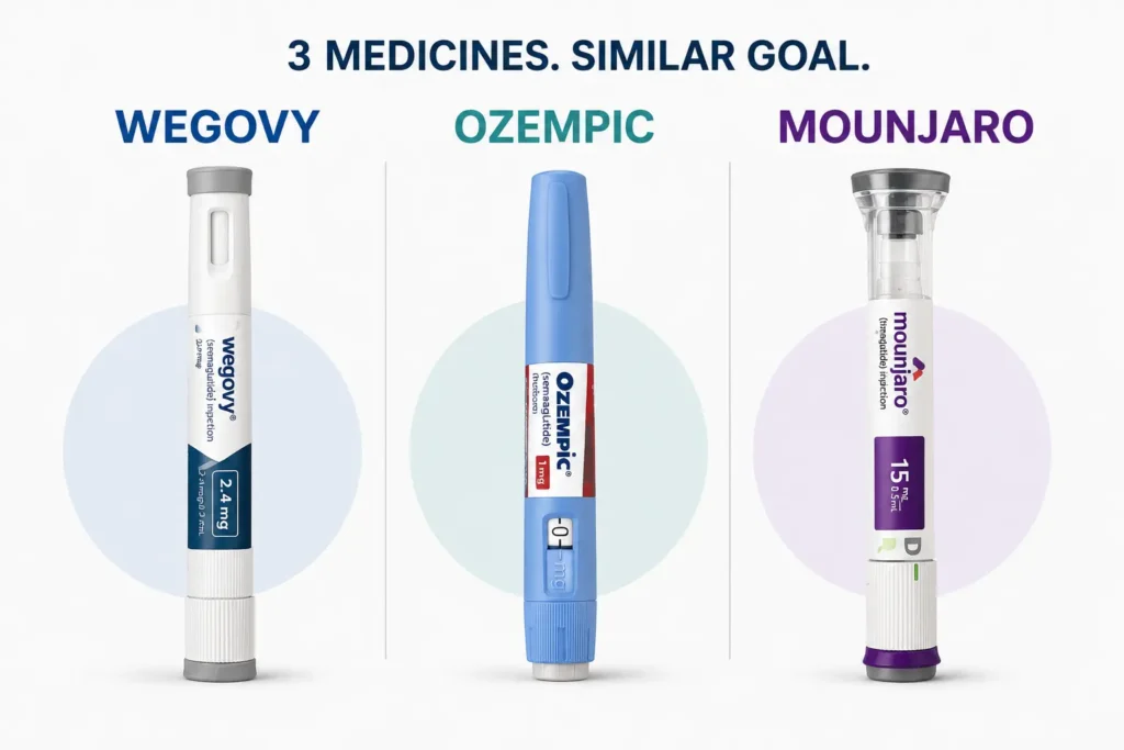 Wegovy vs Ozempic vs Mounjaro injection pens compared side by side
