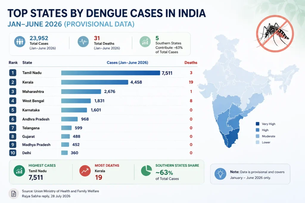 State-wise dengue cases in India 2026, Tamil Nadu and Kerala highest
