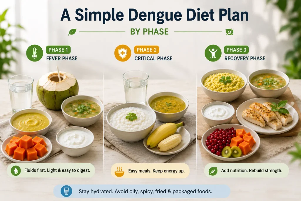 Dengue diet plan by phase with fluids and light foods