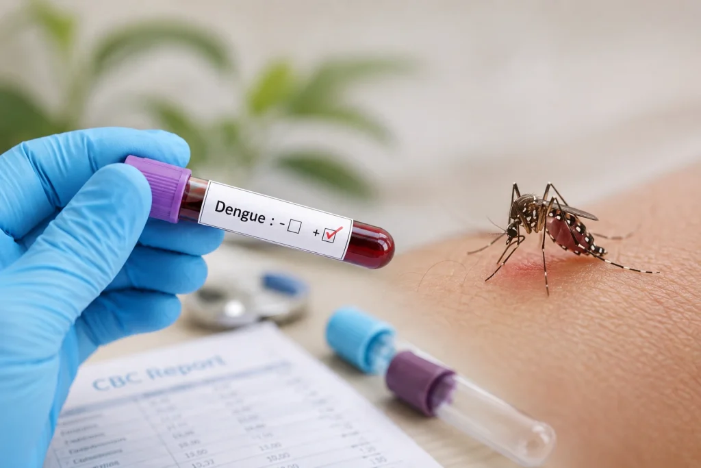 Dengue platelet count blood test with mosquito bite illustration