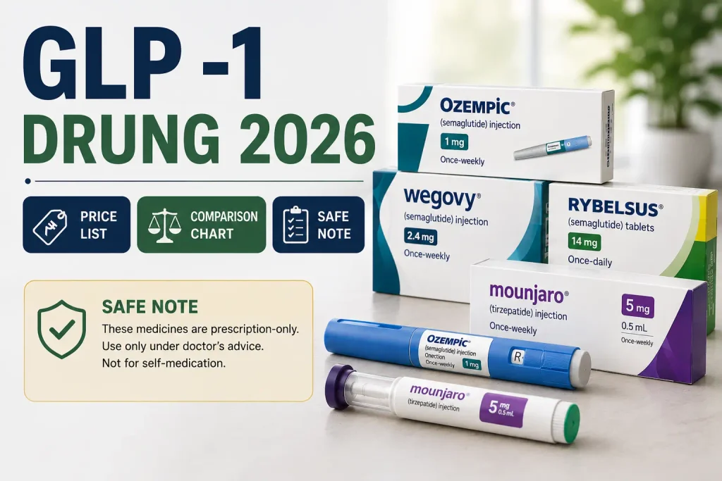GLP-1 drugs in India 2026 showing Ozempic, Wegovy, Rybelsus and Mounjaro with price comparison and safety information