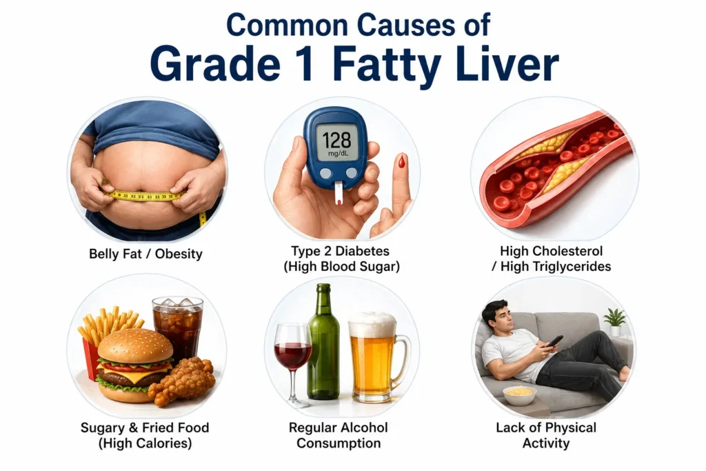 Common causes of grade 1 fatty liver including belly fat, diabetes, high cholesterol and poor diet