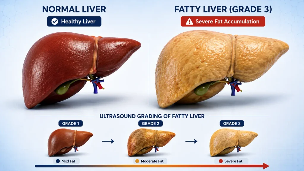 Grade 3 fatty liver compared with a healthy liver showing severe fatty changes