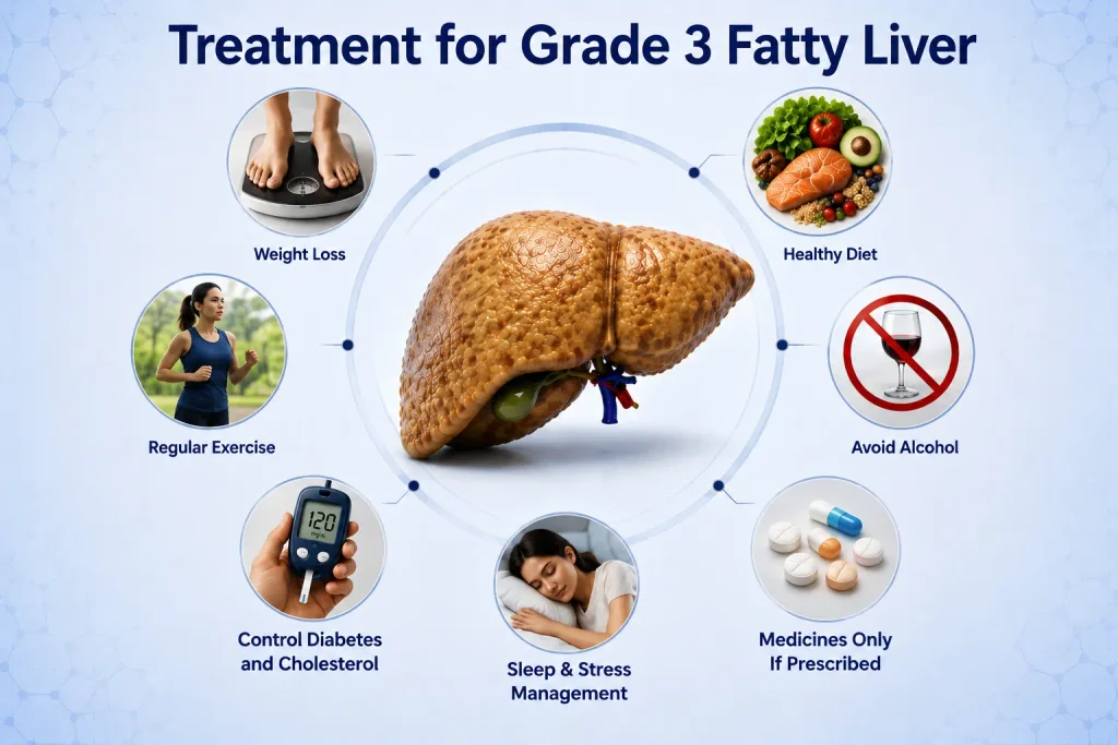 Grade 3 fatty liver treatment including weight loss healthy diet exercise and avoiding alcohol