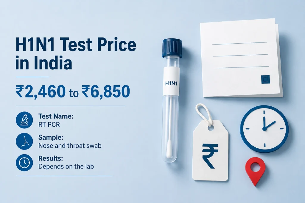 H1N1 test price in India 2026 shown with swab, transport tube, lab report and rupee price tag