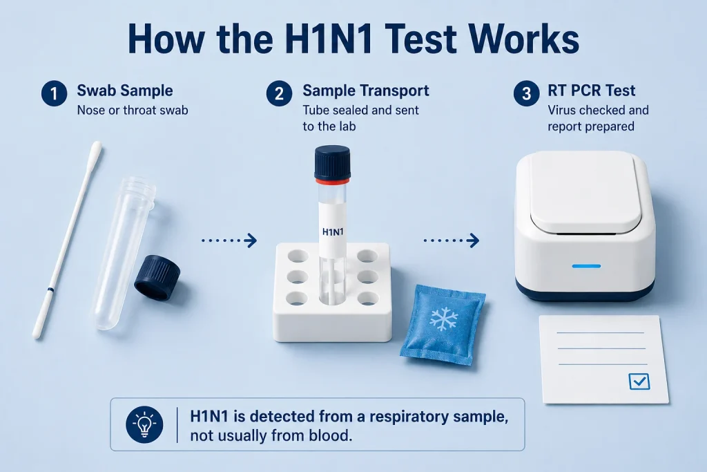 H1N1 test procedure shown in three steps, nasal swab, sealed transport tube in a rack and RT-PCR machine with result card