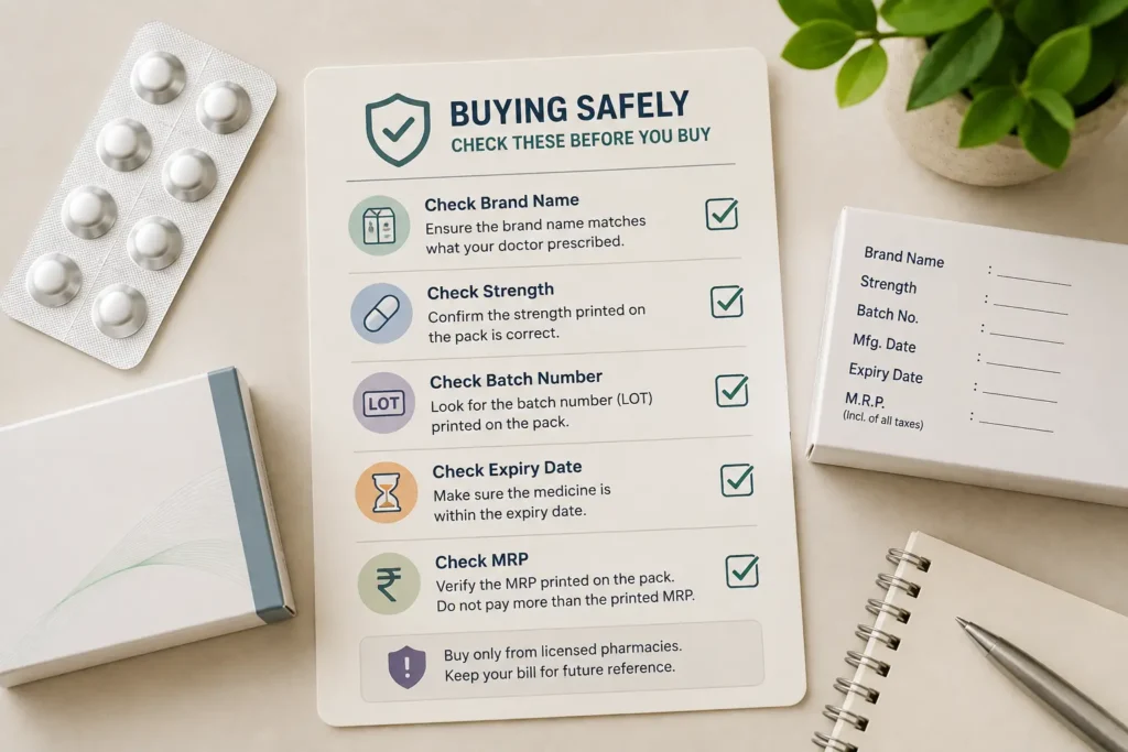 generic oral semaglutide tablet buying checklist with brand name, strength, batch number, expiry date and MRP checks