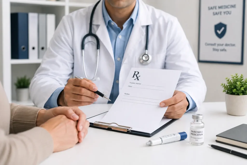 Doctor reviewing a prescription before starting retatrutide India or another injectable weight loss medicine.
