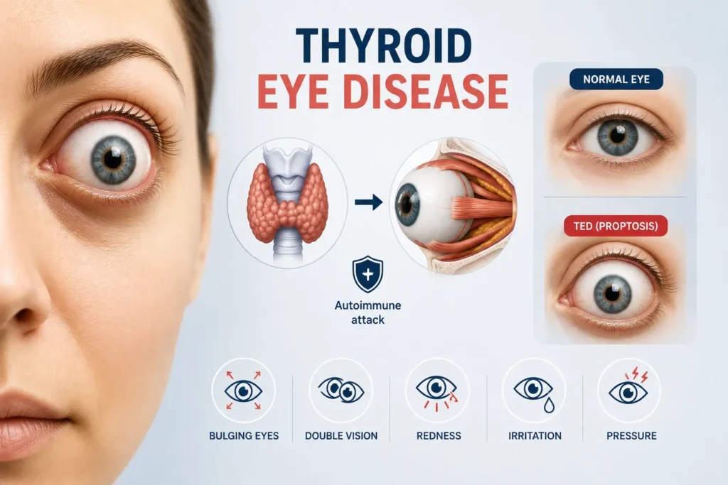 Thyroid eye disease treatment showing eye and thyroid gland connection
