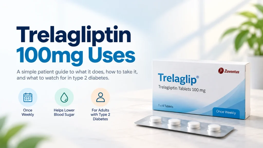 Trelagliptin 100mg uses guide showing Trelaglip once-weekly tablet pack for type 2 diabetes